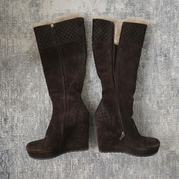 GUCCI MICROGUCCISSIMA BROWN SUEDE SHEARLING Platform KNEE HIGH BOOTS SZ 39 - Picture 5 of 10